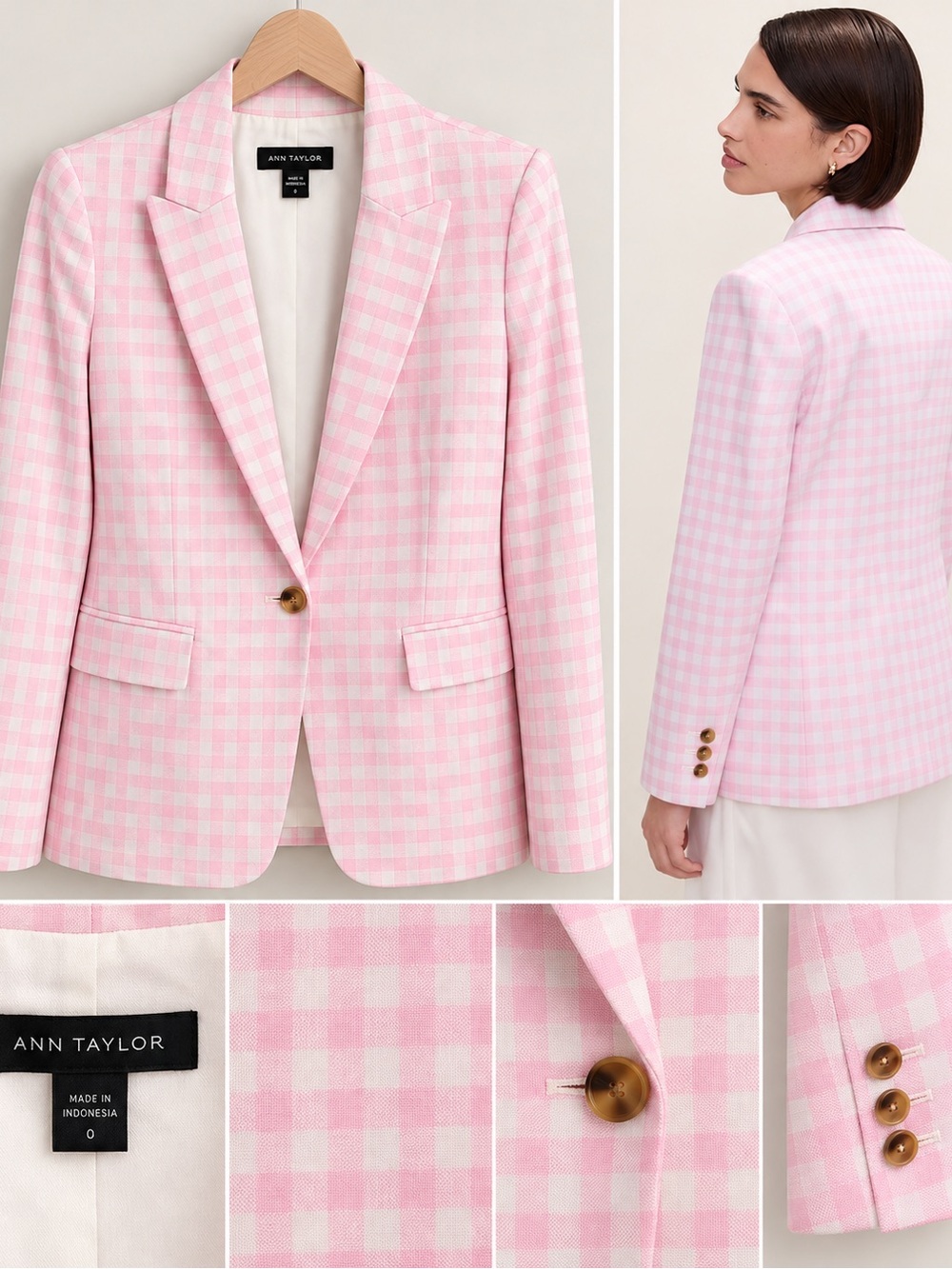 Ann Taylor Pink Gingham Single-Button Blazer